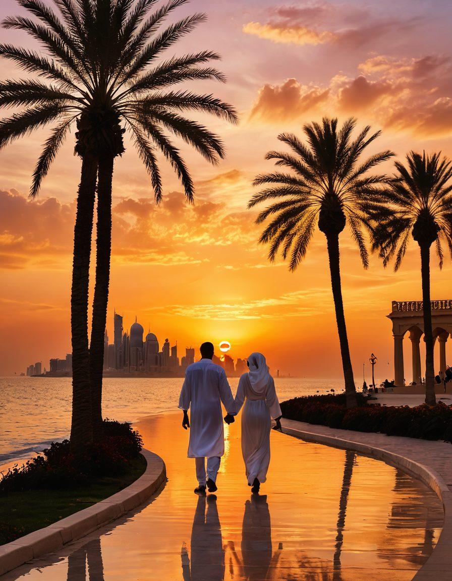 A serene sunset over a picturesque Qatari landscape, featuring a couple holding hands as they stroll along the corniche, surrounded by palm trees and traditional architecture. Soft, warm colors evoke feelings of love and connection, with hearts subtly integrated into the clouds above. The scene is peaceful and romantic, capturing the essence of lasting love. super-realistic. vibrant colors. sunset backdrop.