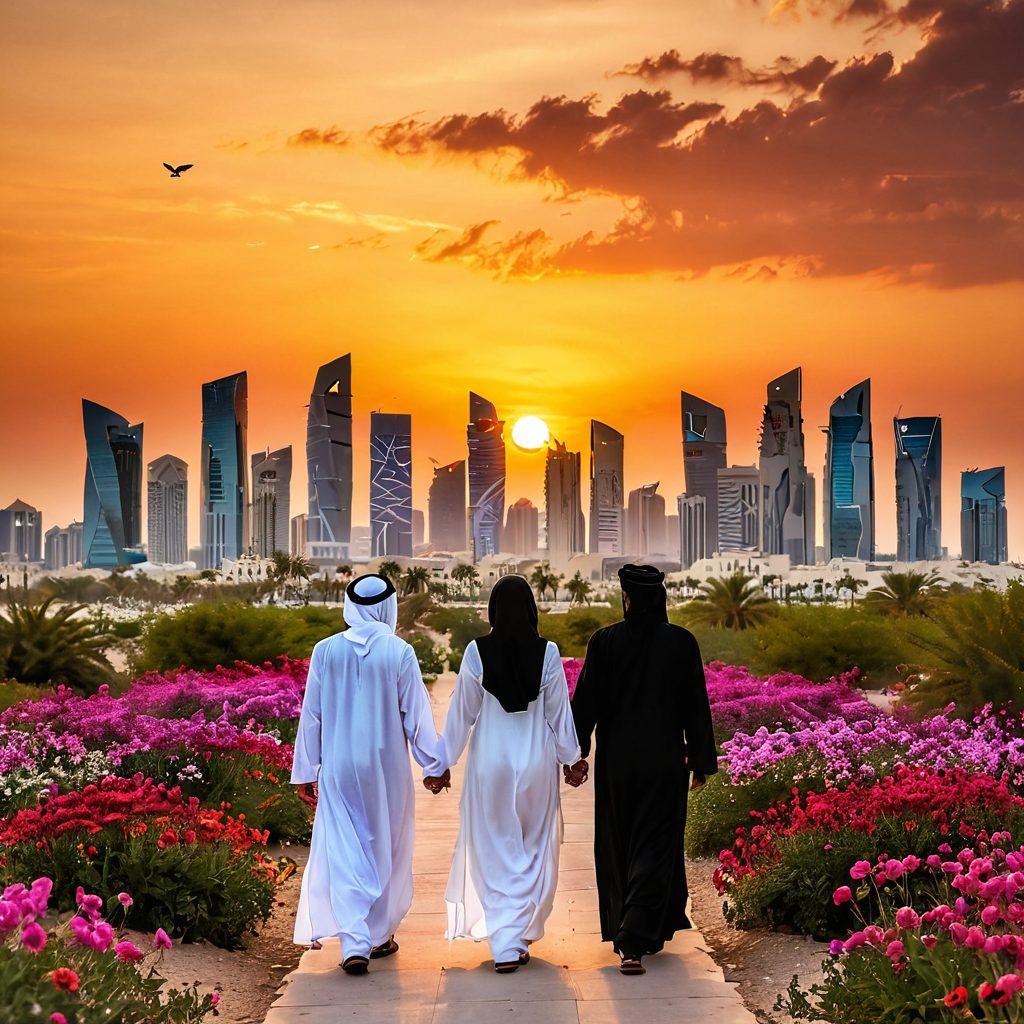 A picturesque sunset over the stunning skyline of Doha, Qatar, with a couple hand-in-hand, lost in each other's eyes amidst blooming desert flowers. Elements of traditional Qatari culture subtly integrated, like a falcon soaring overhead and intricate Arabic patterns in the background. The scene evokes romance and intimacy, symbolizing the journey from courtship to soulmates. super-realistic. vibrant colors. warm lighting.
