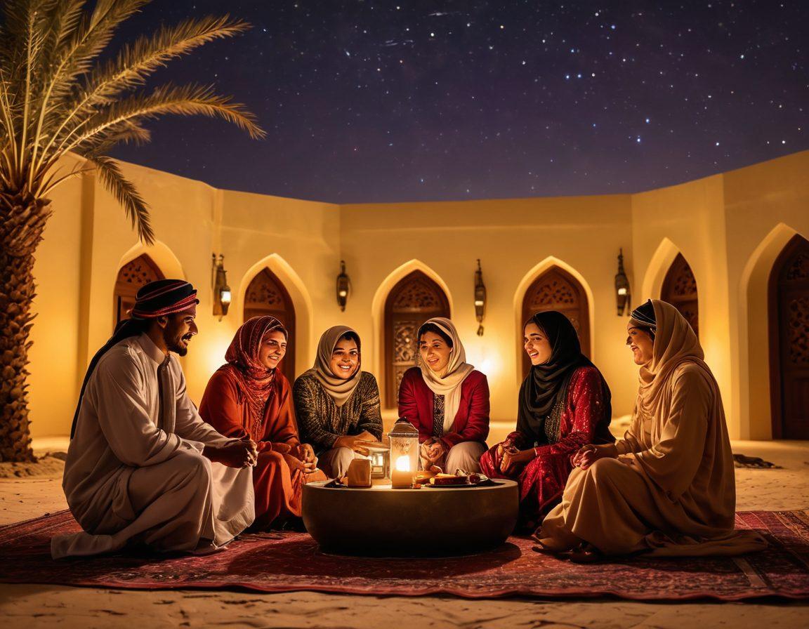 A warm, inviting scene depicting a diverse group of friends enjoying an intimate gathering under a starlit sky in Qatar, showcasing traditional Qatari architecture in the background. The image should capture moments of laughter, connection, and affection, with soft, glowing lights and rich cultural elements represented through clothing and décor. Emphasize a sense of unity and emotional bonds among the individuals. vibrant colors. stunning sunset. super-realistic.